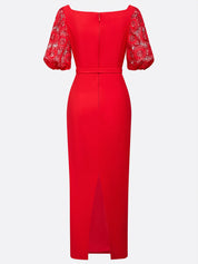 Red Lace Classic Boat Neck Short Sleeve Balloon Sleeve Sheath Maxi Dress