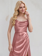 Mauve Satin A Line Spaghetti Straps Sleeveless Floor Length Bridesmaid Dress
