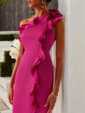 Rose Red Ruffled One-Shoulder Slit A-Line Maxi Dress
