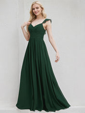 Green Chiffon A Line V Neck Floor Length Bridesmaid Dress With Ruffle