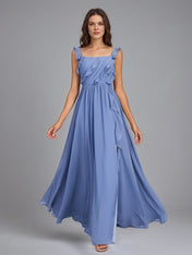 A Line Chiffon Square Neck Floor Length Sleeveless Bridesmaid Dress With Ruffles