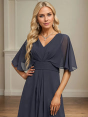 A Line V-Neck Tea-Length Chiffon Dress With Pleated