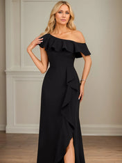 Sheath/Column One Shoulder Floor-Length Stretch Crepe Dress With Cascading Ruffles