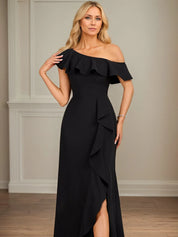 Sheath/Column One Shoulder Floor-Length Stretch Crepe Dress With Cascading Ruffles