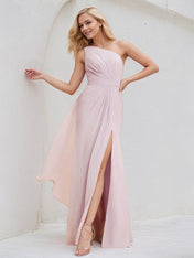 Pink Chiffon A Line One Shoulder Sleeveless Floor Length Bridesmaid Dress