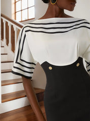 Black Buckle Classic Boat Neck Half Sleeve Sheath Midi Dress