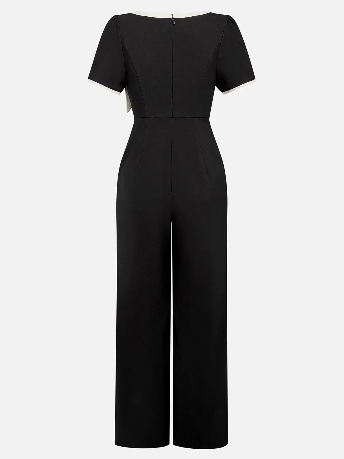 Women Black Bow Boat Neck Short Sleeve Dressy Jumpsuit