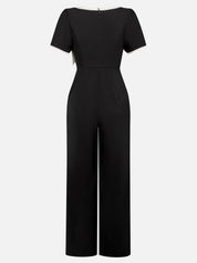 Women Black Bow Boat Neck Short Sleeve Dressy Jumpsuit