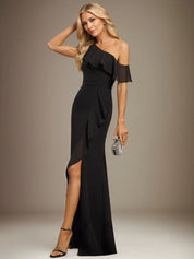 Sheath/Column One Shoulder Floor-Length Chiffon Dress With Cascading Ruffles
