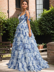 Blue Floral A Line V Neck Long Pleated Prom Dress With Slit