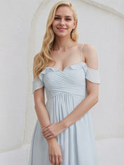 Ice Blue Chiffon A Line Off the Shoulder Sleeveless Floor Length Bridesmaid Dress With Ruffle