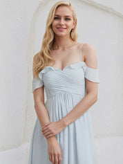 Ice Blue Chiffon A Line Off the Shoulder Sleeveless Floor Length Bridesmaid Dress With Ruffle