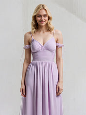 Lilac A Line Chiffon Spaghetti Straps Sleeveless Floor Length Dress With Bow