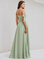 Celadon Chiffon A Line Off the Shoulder Sleeveless Floor Length Bridesmaid Dress