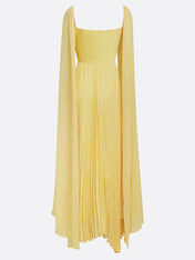 Yellow Pleated Chiffon Dress Square Neck Long Sleeve A-Line Gown