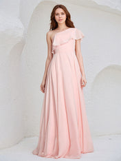 Pink Chiffon A-Line One Shoulder Floor-Length Sleeveless Bridesmaid Dress With Ruffles