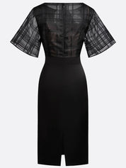 Black Mesh Classic Boat Neck Half Sleeve Dolman Sleeve Sheath Midi Dress