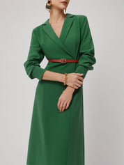 Green Lapel Collar Long Sleeve Sheath/Column Shirt Midi Dress