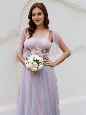 Pink Tulle A Line Spaghetti Straps Sleeveless Floor Length Bridesmaid Dress With Applique