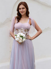 Pink Tulle A Line Spaghetti Straps Sleeveless Floor Length Bridesmaid Dress With Applique