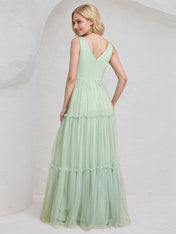 Mint Green Tulle A Line V Neck Sleeveless Floor Length Bridesmaid Dress with Applique