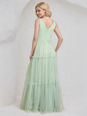 Mint Green Tulle A Line V Neck Sleeveless Floor Length Bridesmaid Dress with Applique