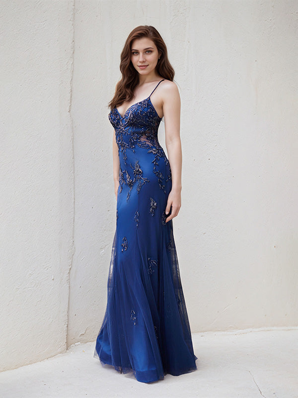 Navy Blue Tulle Trumpet/Mermaid Spaghetti Straps Sleeveless Floor Length Bridesmaid Dress