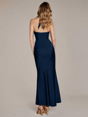 Navy Sheath/Column Satin Halter Neck Sleeveless Ankle Length Dress