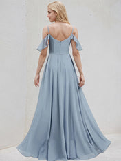 Dusty Blue Chiffon A Line Spaghetti Straps Floor Length Bridesmaid Dress With Ruffle