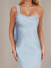 Blue Sheath/Column Satin One Shoulder Sleeveless Ankle Length Dresses