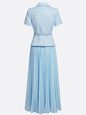 Women Light Blue Tweed Pleated Buckle Lapel Collar Short Sleeve Dressy Top With Skirt Two-Piece Set