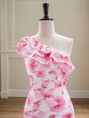 Floral Print One Shoulder Short Tight Ruffle Homecoming Dress