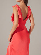 Coral Satin A Line V Neck Sleeveless Ankle Length Dress