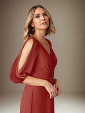 A Line Chiffon V Neck 1/2 Sleeves Floor Length Pleated Mother of the Bride Dresses