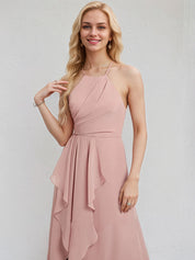 Dusty Rose Chiffon A Line Halter Neck Sleeveless Asymmetrical Bridesmaid Dress
