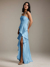 Mint Blue Satin A Line Off The Shoulder Sleeveless Floor Length Bridesmaid Dress With Ruffles