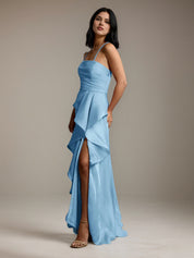 Mint Blue Satin A Line Off The Shoulder Sleeveless Floor Length Bridesmaid Dress With Ruffles