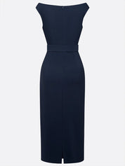 Purplish blue Buckle Classic Off The Shoulder Cap Sleeve Sheath Midi Dress