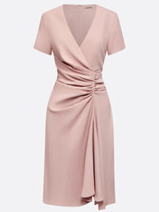 Pink Sheath/Column Satin V Neck Short Sleeves Knee Length Dresses