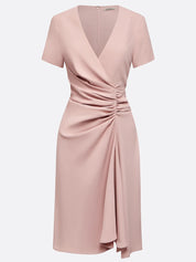 Pink Sheath/Column Satin V Neck Short Sleeves Knee Length Dresses