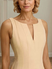 A Line V Neck Sleeveless Tea Length Stretch Crepe Mother of the Bride Dress
