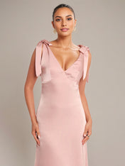 Pink Satin A Line V Neck Sleeveless Floor Length Bridesmaid Dress With Bow