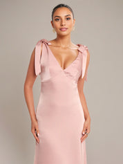 Pink Satin A Line V Neck Sleeveless Floor Length Bridesmaid Dress With Bow