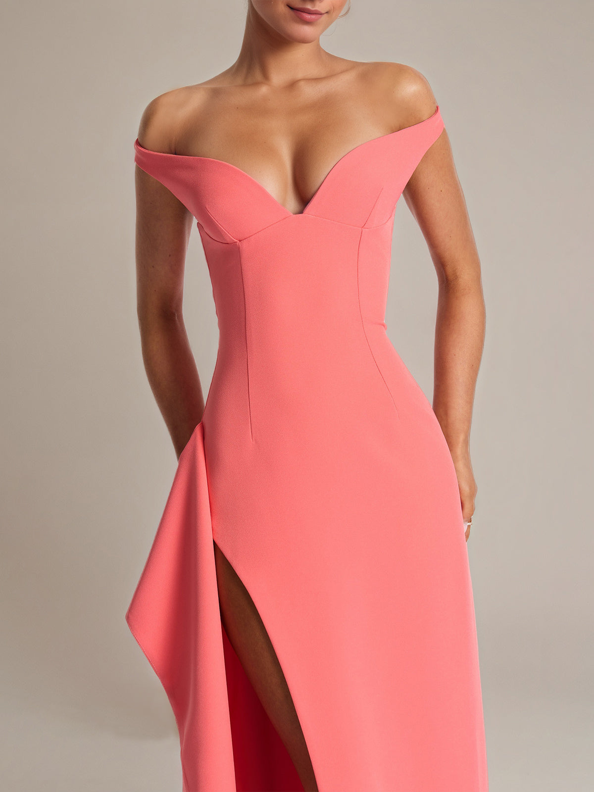 Coral Pink Sheath/Column Stretch Crepe Off The Shoulder Floor Length Dress