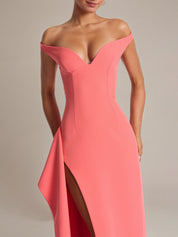 Coral Pink Sheath/Column Stretch Crepe Off The Shoulder Floor Length Dress