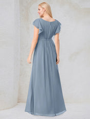 Dusty Blue A-Line Round Neck Floor-Length Chiffon Bridesmaid Dress With Ruffles