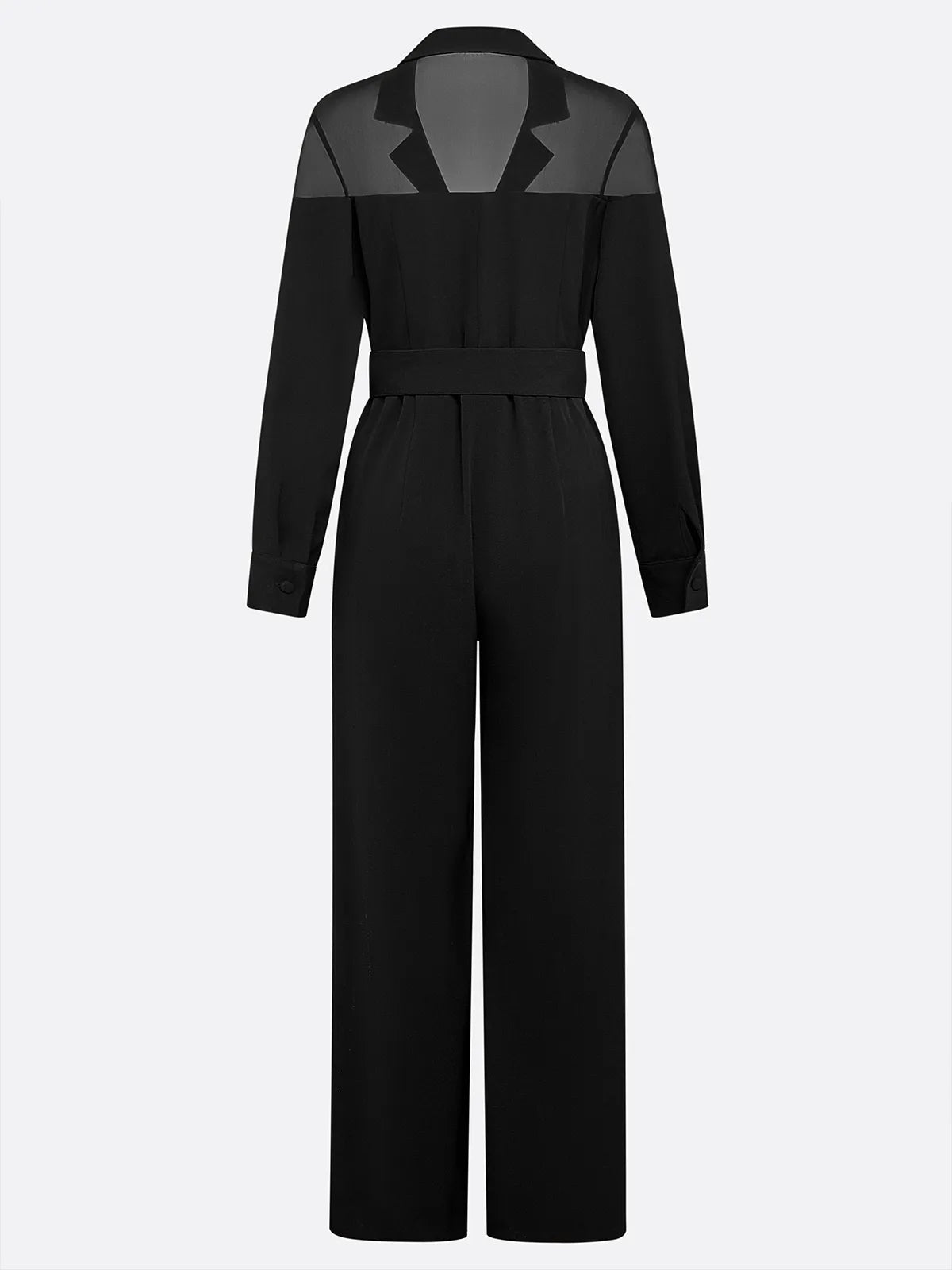 Women Black Mesh Lapel Collar Long Sleeve Dressy Jumpsuit