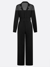 Women Black Mesh Lapel Collar Long Sleeve Dressy Jumpsuit