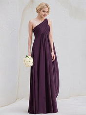 Grape A-Line One Shoulder Floor-Length Chiffon Bridesmaid Dress With Ruffle