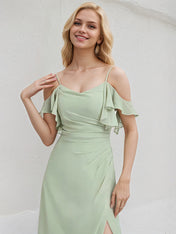 Celadon Chiffon A Line Spaghetti Straps Floor Length Bridesmaid Dress With Ruffle